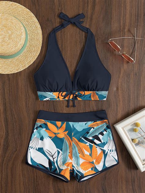 SHEIN Swim Vcay Random Leaf Print Bikini Set Tie Front Halter Bra