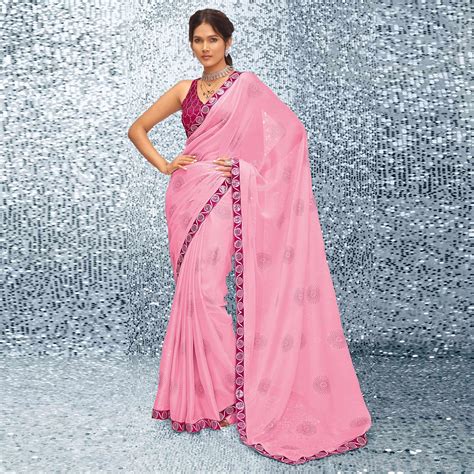 Pink Sequins Embroidered Chiffon Saree