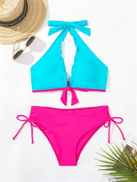 Shein Swim Colorblock Lettuce Trim Halter Bikini Set For Summer Beach