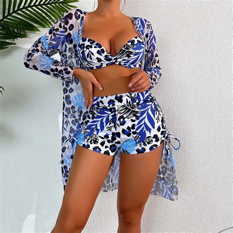 Munlar Women S Leopard Print Push Up Bikini Long Sleeve Cover Up Sling