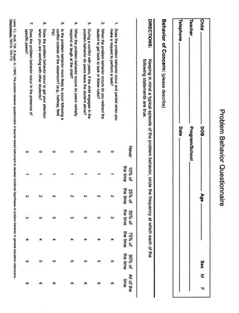 Problem Behavior Questionnaire Page 1 Of 2 Student Behavior Behavior