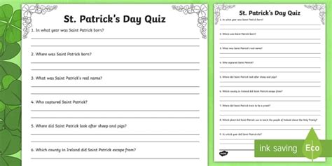 St Patrick S Day Quiz Worksheet Teacher Made Twinkl