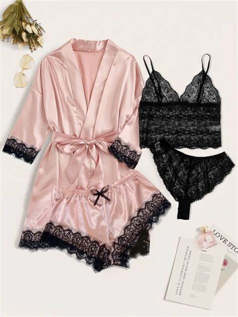 Classic Sexy 4pack Floral Lace Lingerie Set With Satin Belted Robe