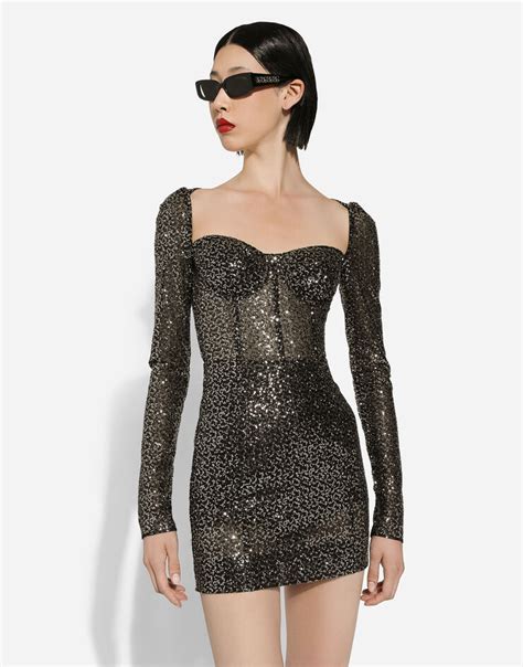 Short Long Sleeved Sequined Corset Dress In Black For Women Dolce