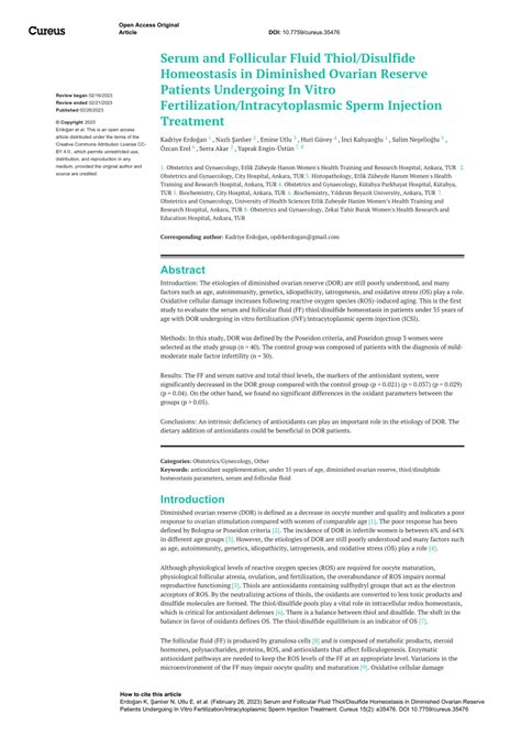 PDF Serum And Follicular Fluid Thiol Disulfide Homeostasis In