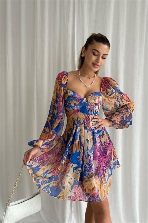 Secret Passion Lingerie Göğüs Dolgulu Çiçek Desenli Astarlı Şifon Kumaş Çan Kesim Mavi Abiye
