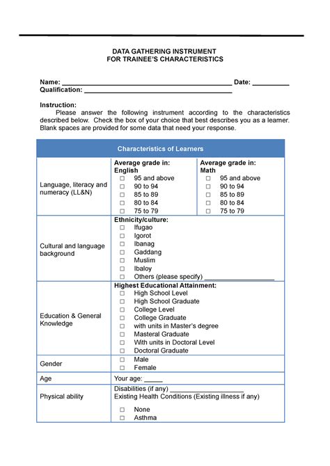 Data Gathering Instrument Data Gathering Instrument For Trainees