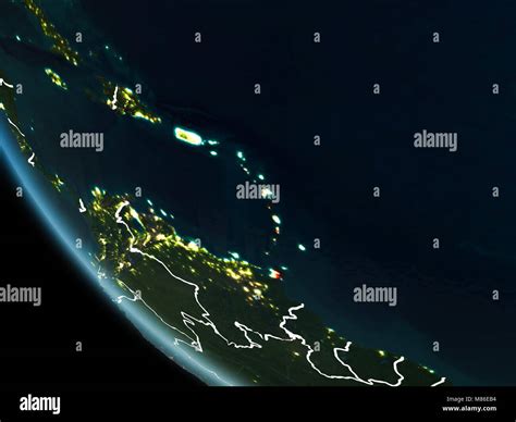 Satellite View Of Caribbean Highlighted In Red On Planet Earth At Night