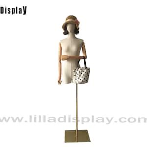 Adjustable Gold Square Base Wooden Arms Natural Linen Female Mannequin