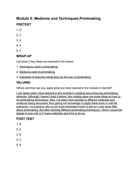 Cpar Q2m5 Cpar Module 5 Mediums And Techniquesprintmaking Pretest