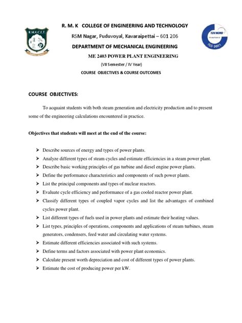 Me 2403 Power Plant Engineering - Course Objectives & Outcomes | Power ...