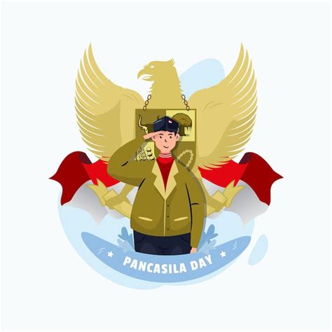 Feliz día de pancasila con el joven y el símbolo de garuda indonesia