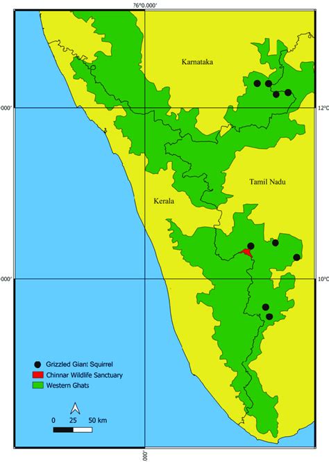 Location map of Chinnar Wildlife Sanctuary and other nearby populations ...