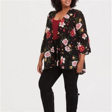 Torrid Kimonos And Yukatas Torrid Black Floral Chiffon Kimono Bell