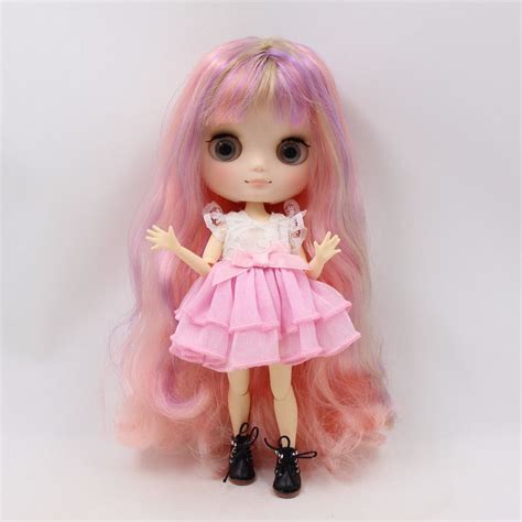 Middie Blythe Doll Pink Purple Flaxen Hair Jointed Body 20cm Blythe Dolls Pink Purple Blythe