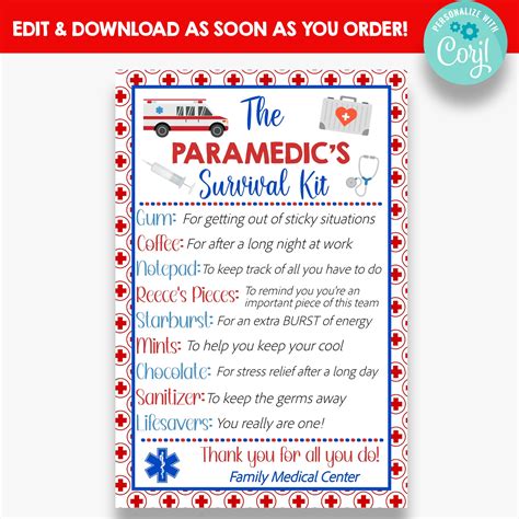 EDITABLE Paramedic S Survival Kit Gift Tag Paramedic Etsy