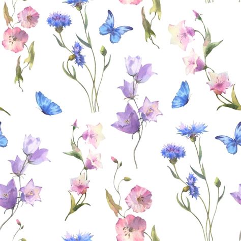 Premium Photo Watercolor Seamless Pattern Of Wildflowers Cornflowers