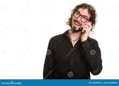 Happy Handsome Caucasian Man Talking On Mobile Phone While Think Stock