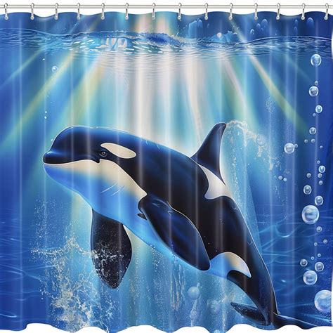 Blue Orca Killer Whale Cartoon Shower Curtain Underwater Ocean Theme