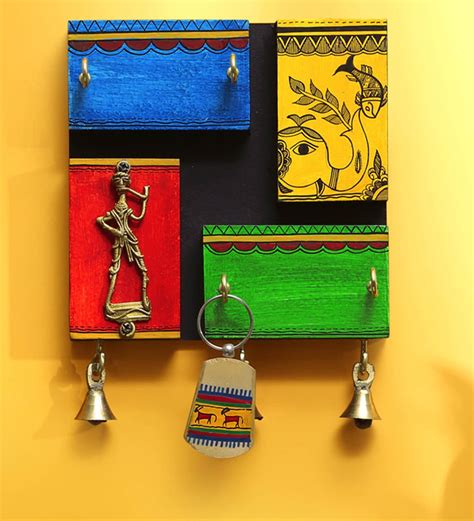 Buy Multicolor Key Geneous Warli Hand Painted Wooden Key Holder With