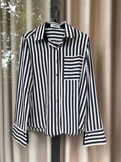 Kemeja Satin Garis Hitam Putih Black And White Stripped Bw Korean