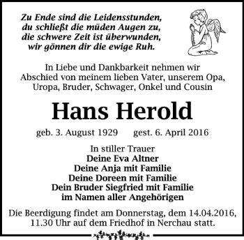 Traueranzeigen Von Hans Herold Trauer Anzeigen De