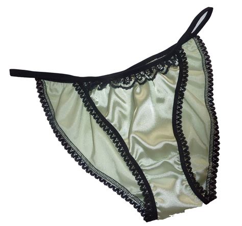 Pale Green Shiny Satin Panties Mini Tanga String Bikini Black Lace Made