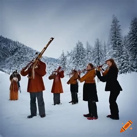 Women Playing Flutes And Recorders In Snowy Mountains