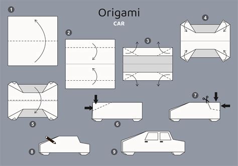 Car origami scheme tutorial moving model on grey backdrop. Origami for kids. Step by step how to ...