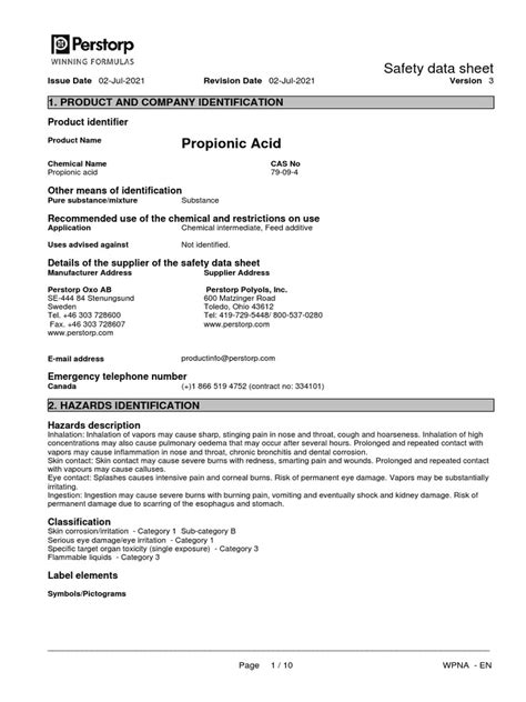 Propionic Acid Safety Data Sheet Pdf Toxicity Firefighting