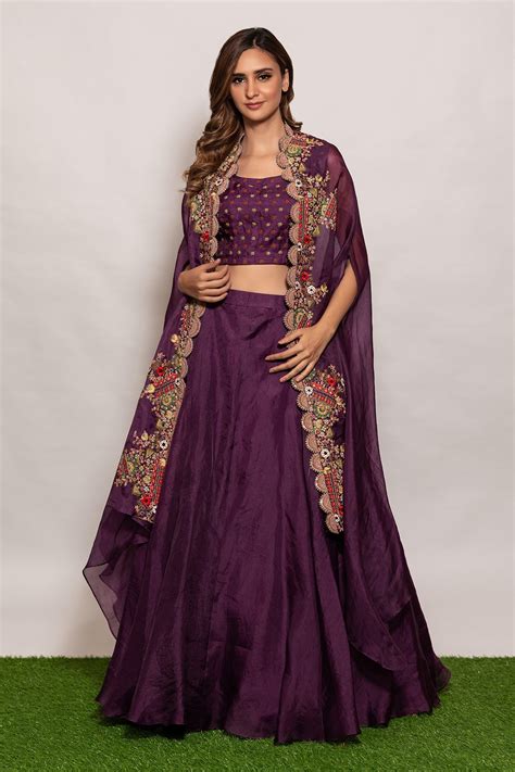 Buy Purple Organza Hand Embroidered Thread Work Square Cape Lehenga Set