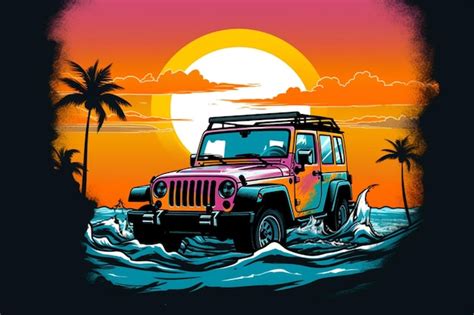 Premium Ai Image A Pink Jeep With A Sunset In The Background