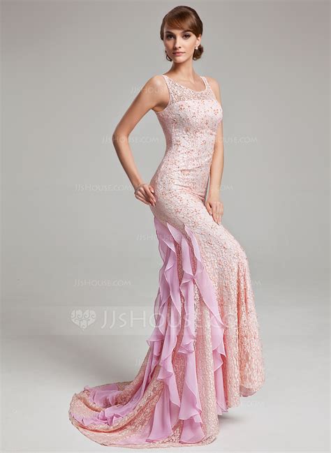 Trumpet Mermaid Scoop Neck Sweep Train Lace Evening Dress With Beading