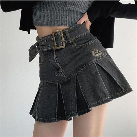 Denim Pleated Mini Skirt Gyaru High Waist A Line Slim Belt Vintage