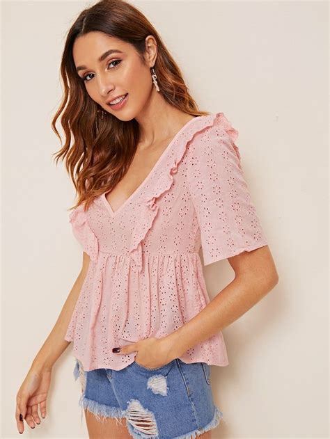 SHEIN Ruffle Trim V Neck Schiffy Smock Top Smock Top Tops Girly Fashion