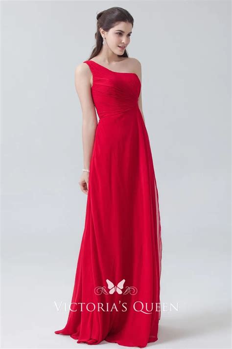 Red Chiffon One Shoulder A Line Long Bridesmaid Dress Vq