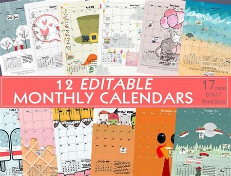 12 Editable Monthly Themed Calendars Yearly Planner Etsy Yearly