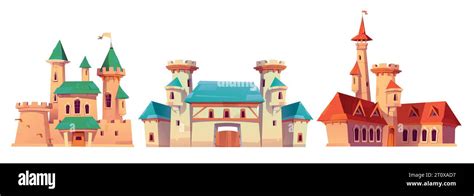 Fairytale Medieval Castles With Gates And Towers Cartoon Vector