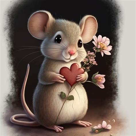 Premium Photo A Mouse Holding A Heart In His Hands And A Flower In