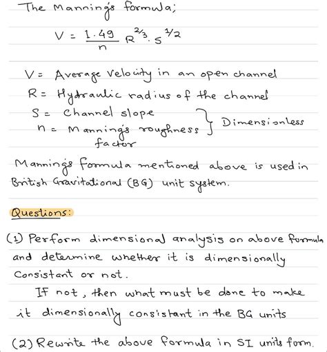 Solved — (he M Mannings formula; V = 1.49 2/3 1/2 S o V = | Chegg.com