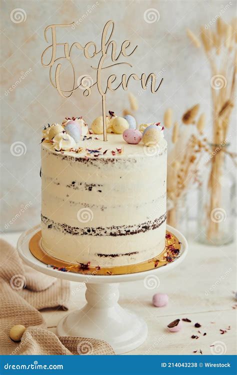 Vertical Shot Of A Delicious Happy Easter Frohe Ostern Naked Cake On