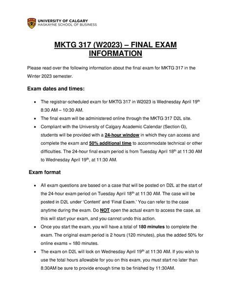 MKTG 317 Final Exam Information MKTG 317 W2023 FINAL EXAM