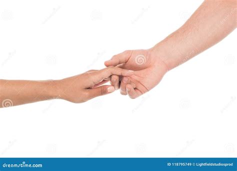 Cropped View Human Hands Holding Each Other Isolated On White Stock