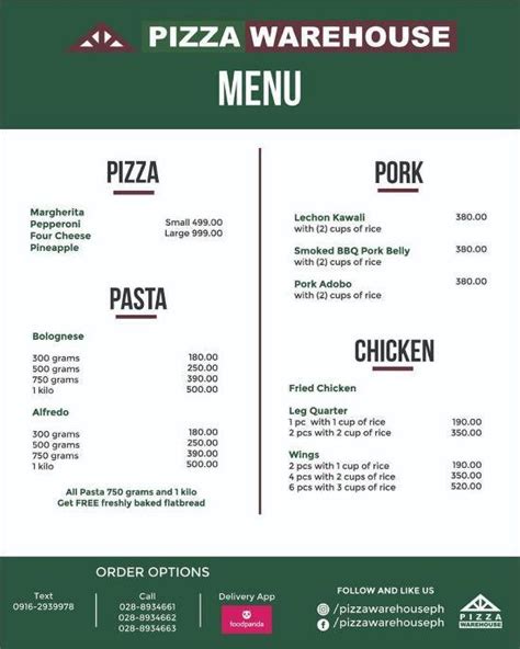 Menu At Pizza Warehouse Pizzeria Makati Nd Floor Glorietta