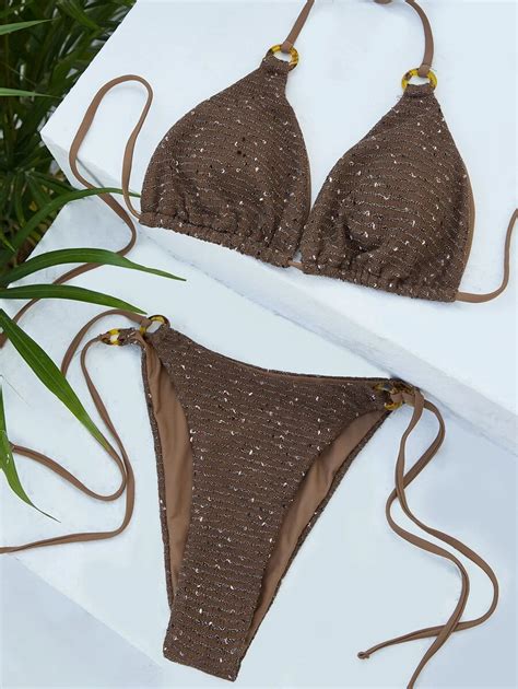 Glitter Bikini Set Ring Linked Triangle Bra Tie Side Bottom Piece Bathing Suit Shein Eur