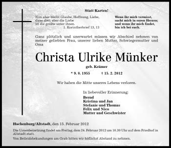 Traueranzeigen von Christa Ulrike Münker rz trauer de