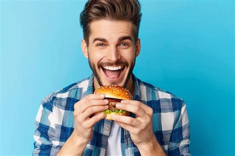 Cheerful Young Man Eating Burger Premium Ai Generated Image