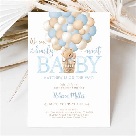 Blue Teddy Bear Hot Air Balloon Baby Shower Invitation Zazzle