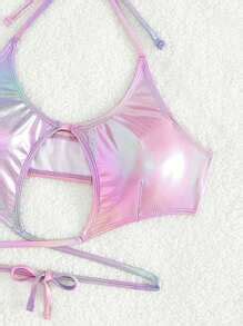 SHEIN Swim Y2GLAM Holographic Cut Out Halter Bikini Top SHEIN USA
