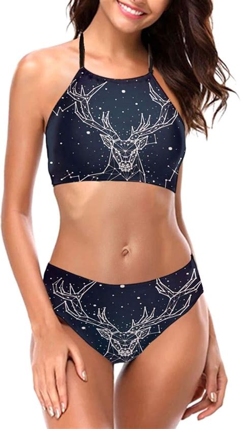 Starry Sky Constellation Deer Bikini Set Women S High Waist Halter Beach Bathing Swimsuit